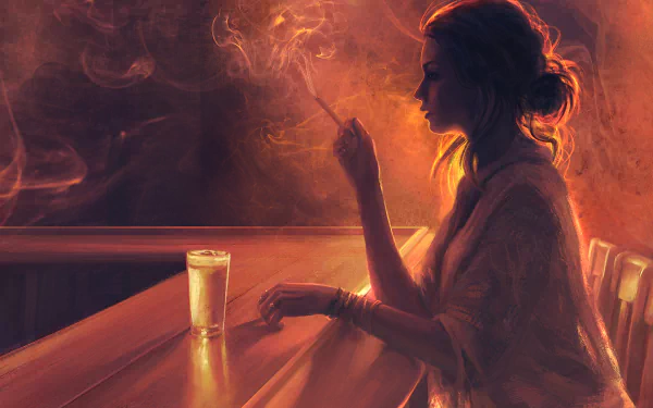A HD desktop wallpaper of an artistic painting featuring a woman smoking alone at a bar, with a drink on the counter. Warm tones and soft lighting create an intimate and reflective atmosphere.