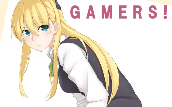HD anime PC wallpaper featuring Karen Tendou, a blonde gamer character with green eyes, wearing a black vest and white shirt, next to the bold text GAMERS!