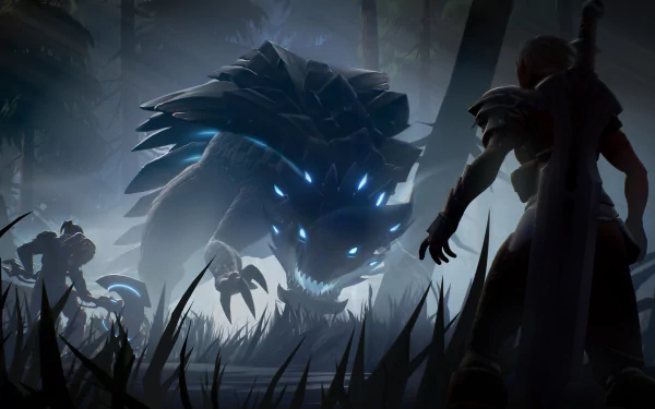 HD PC desktop wallpaper featuring a glowing-eyed creature and armored characters from the video game Dauntless in a dark, misty environment.