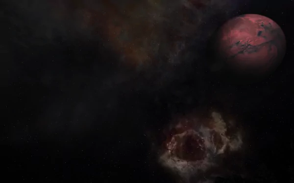 HD PC desktop wallpaper from the video game The Elder Scrolls III: Morrowind showing a blood-red moon, distant planet, starry sky and a glowing nebula.