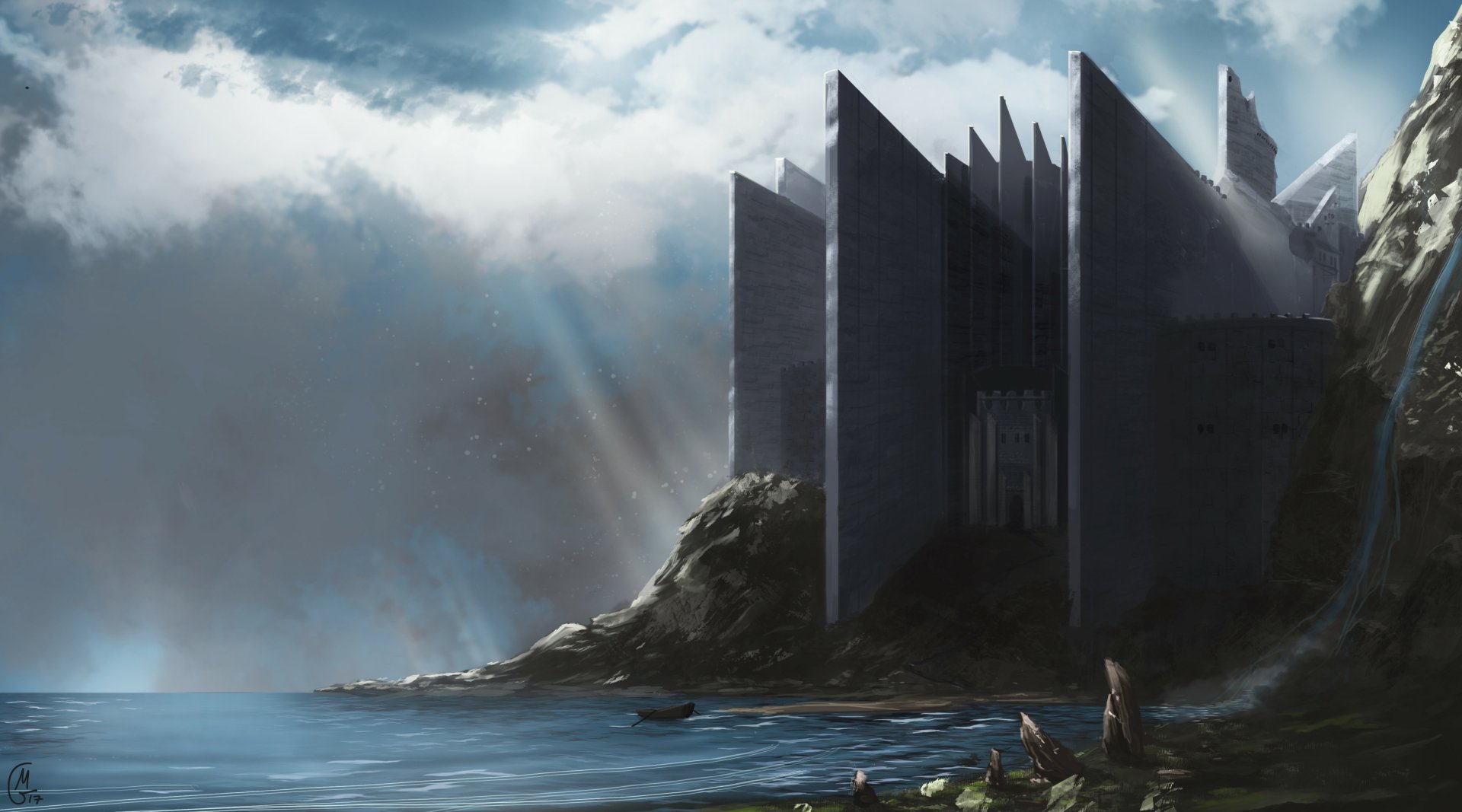 A dramatic fantasy castle on a rocky coast bathed in sunbeams, with a small boat near the shore, captured in stunning 4K Ultra HD desktop wallpaper quality.