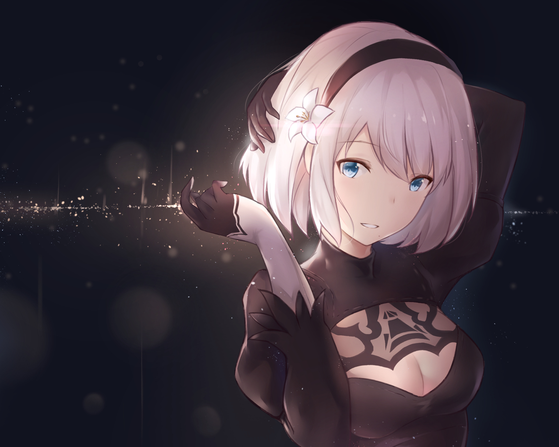 HD desktop wallpaper featuring YoRHa No.2 Type B from the video game NieR: Automata, with a detailed and vivid portrayal of the character in a dark, ambient background.