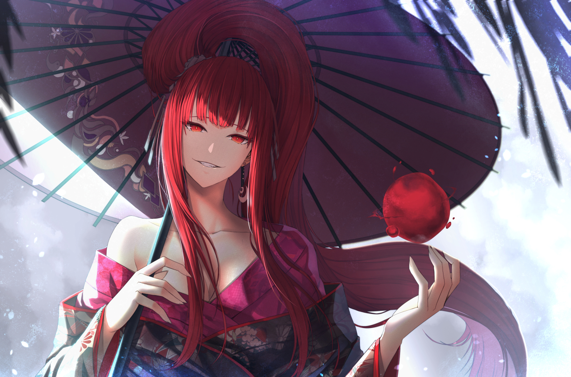 Anime-themed HD desktop wallpaper featuring an original character with red hair, holding a red umbrella and an orb. The background exudes a mystical ambiance with soft, ethereal lighting.