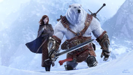 A fantasy warrior with blue eyes stands behind a powerful polar bear wielding a sword amid a snowy landscape, rendered in stunning 4K Ultra HD detail.