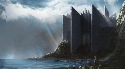 A dramatic fantasy castle on a rocky coast bathed in sunbeams, with a small boat near the shore, captured in stunning 4K Ultra HD desktop wallpaper quality.