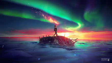 A fantasy landscape HD desktop wallpaper featuring a lone figure standing on a shipwreck beneath a vibrant aurora borealis sky at the horizon.