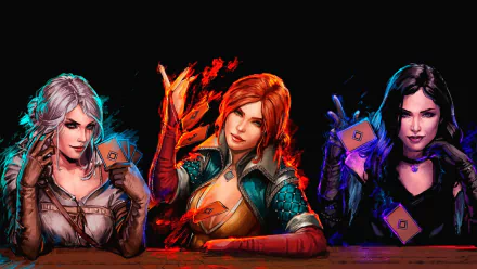 An HD desktop wallpaper featuring Ciri, Triss Merigold, and Yennefer of Vengerberg from Gwent: The Witcher Card Game, showcasing their black, orange, and white hair respectively, with a magical theme.