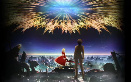 HD PC wallpaper featuring Red Saber (Nero Claudius) and Hakuno Kishinami from the Fate/Extra anime series, set against a dramatic, apocalyptic sky and ruined cityscape.