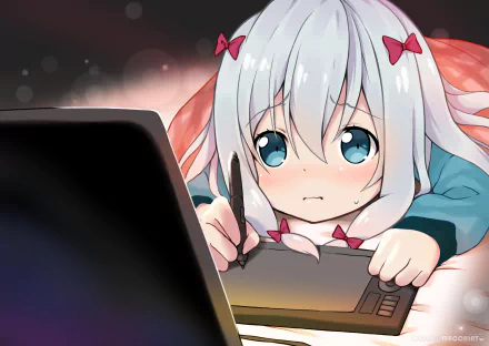 HD PC desktop wallpaper featuring Sagiri Izumi from the anime EroManga-Sensei, showing her with a drawing tablet and stylus, focused on her work.