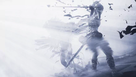 Epic 8K Ultra HD wallpaper of Senua, the fierce woman warrior from the video game Hellblade: Senua's Sacrifice, shrouded in mist and shadow.