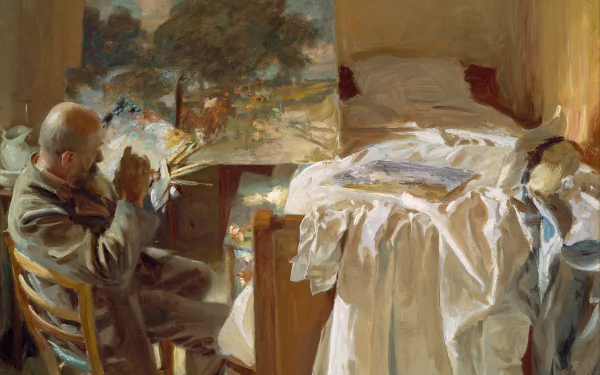 Artistic painting of a painter in a sunlit studio beside a rumpled white bed — 5K Ultra HD PC desktop wallpaper and background.