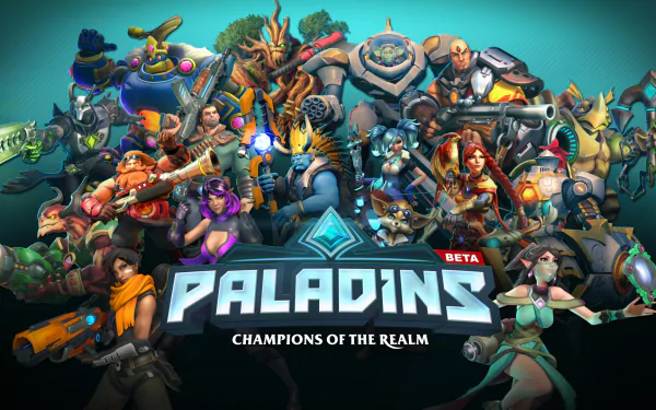 HD desktop wallpaper featuring characters from the video game Paladins: Champions of the Realm. The image showcases vibrant, diverse characters against a dynamic background.