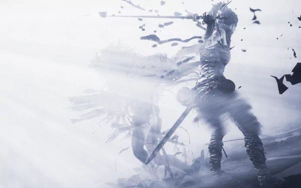 Epic 8K Ultra HD wallpaper of Senua, the fierce woman warrior from the video game Hellblade: Senua's Sacrifice, shrouded in mist and shadow.