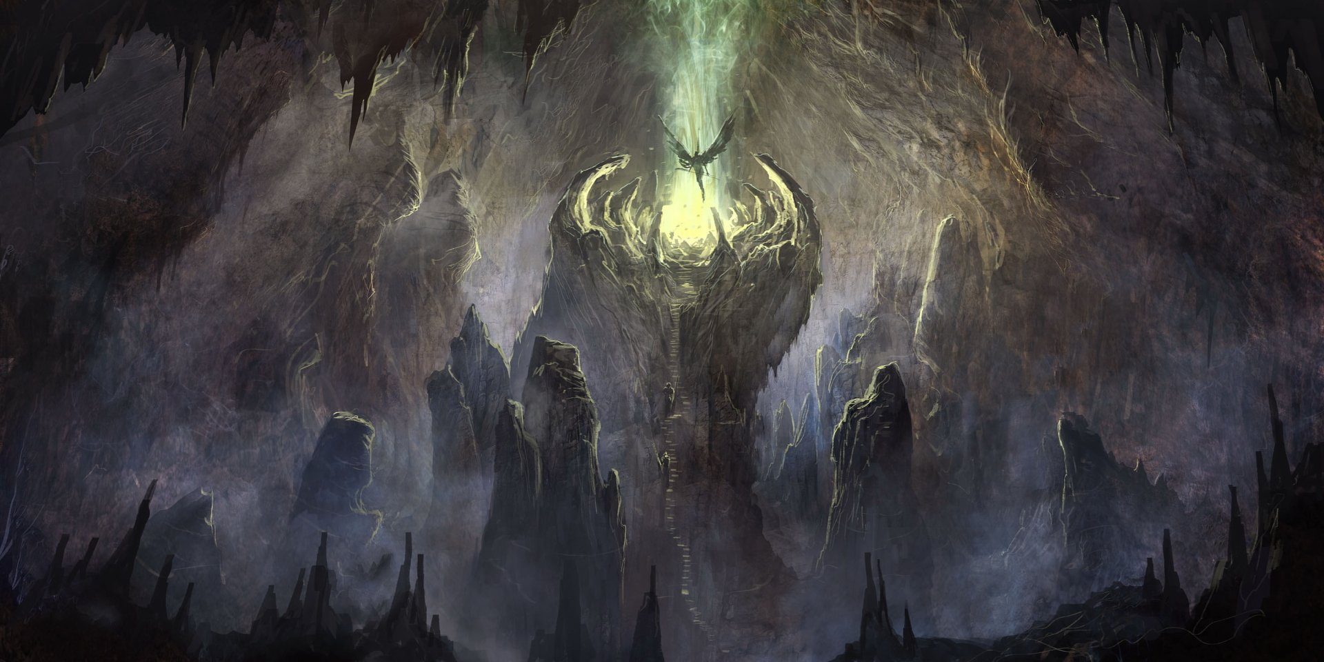 A fantasy HD PC desktop wallpaper depicting an angelic figure illuminated by a beam of light within a mysterious underground cave.