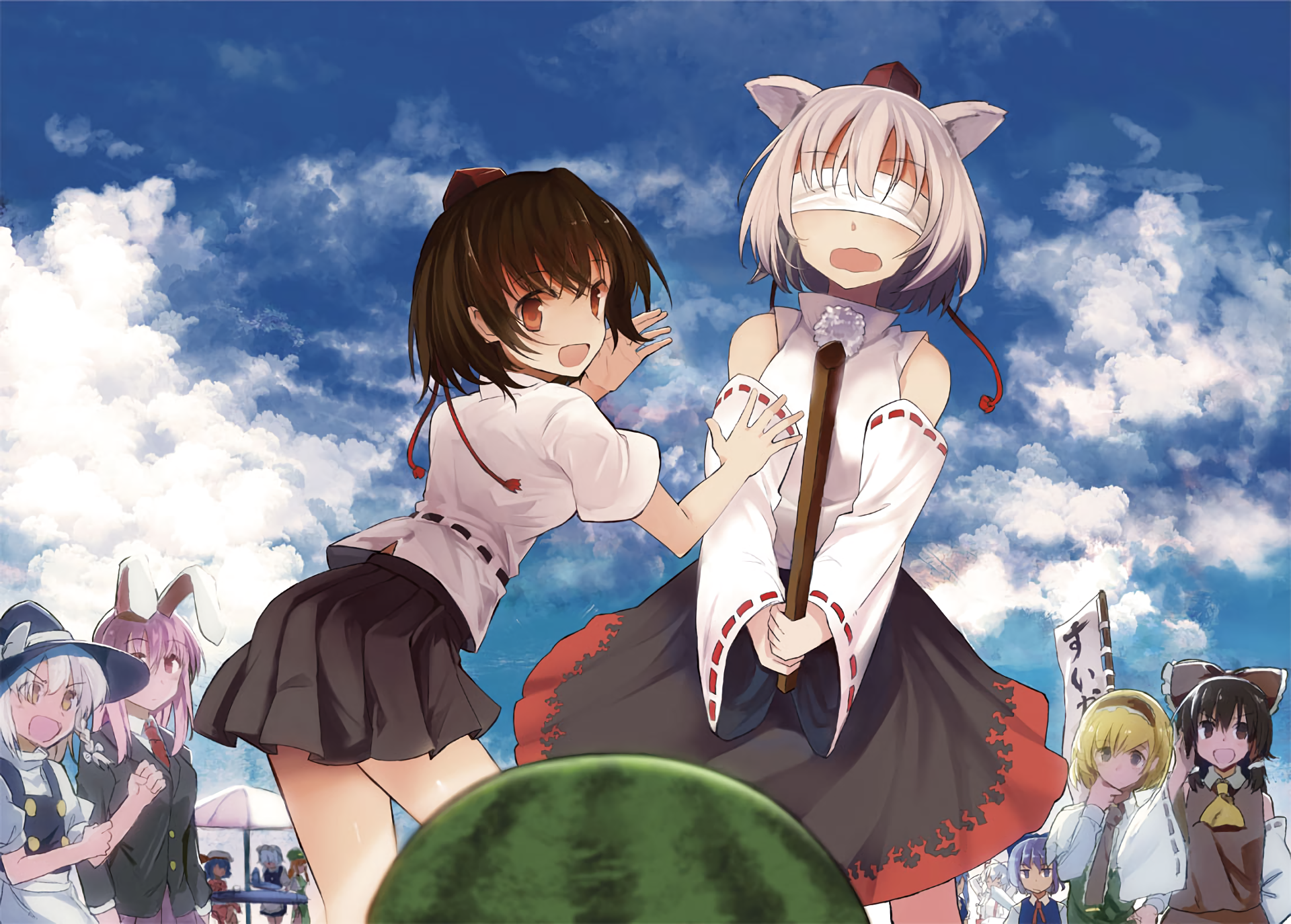 HD anime desktop wallpaper featuring Touhou characters including Fujiwara no Mokou, Cirno, Reisen, Marisa, Sakuya, Remilia, Hong Meiling, Alice, Reimu, Aya, and Momiji under a bright blue sky.
