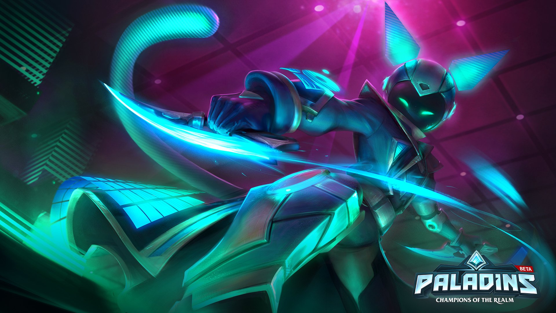 HD desktop wallpaper featuring Maeve from the video game Paladins, showcasing vibrant neon lighting and action-packed dynamic pose as she wields her glowing daggers.
