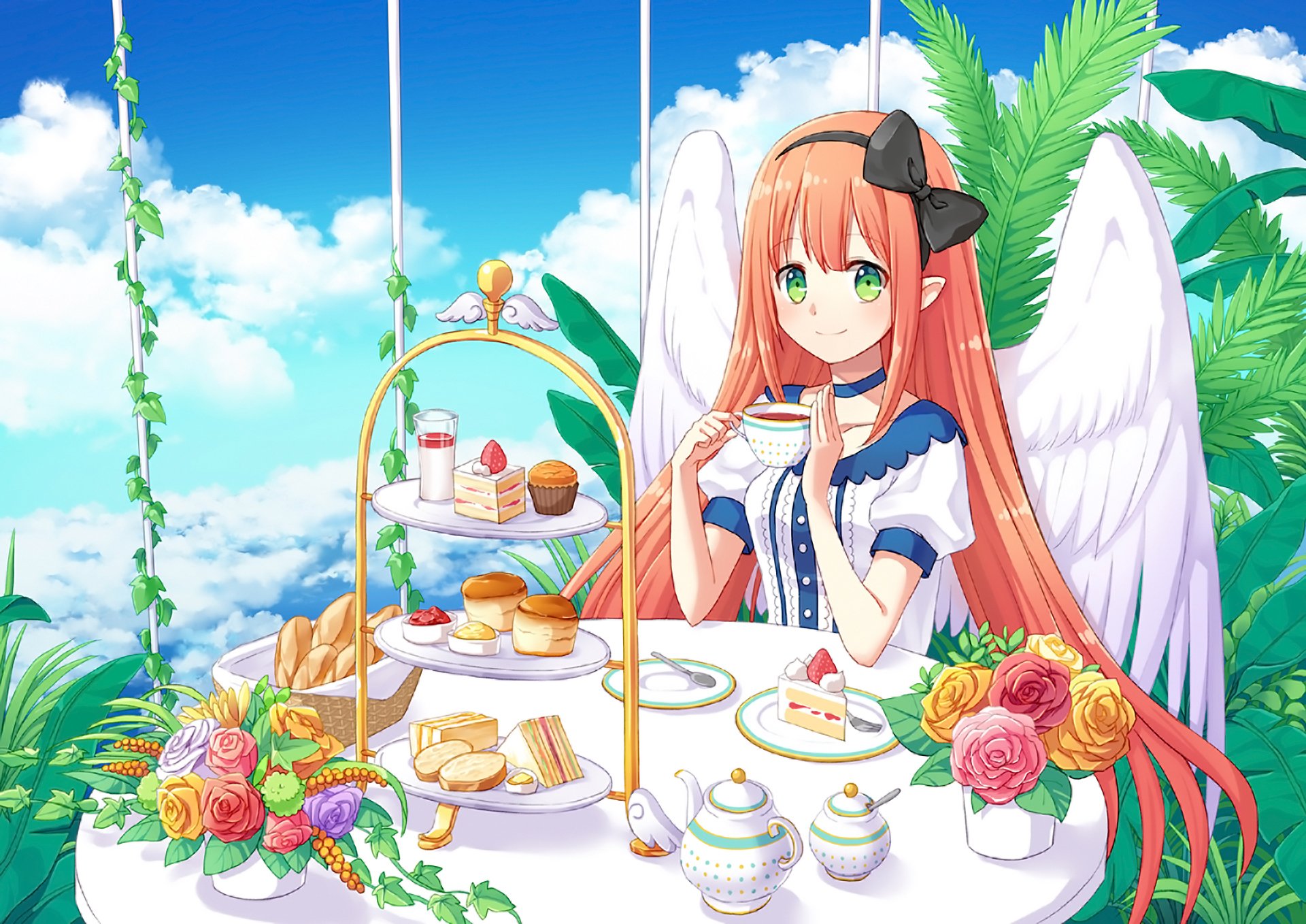 HD PC desktop wallpaper: original anime girl with pink hair, green eyes and wings, wearing a bow, enjoying tea beside cakes, cupcakes and flowers under a bright cloudy blue sky.