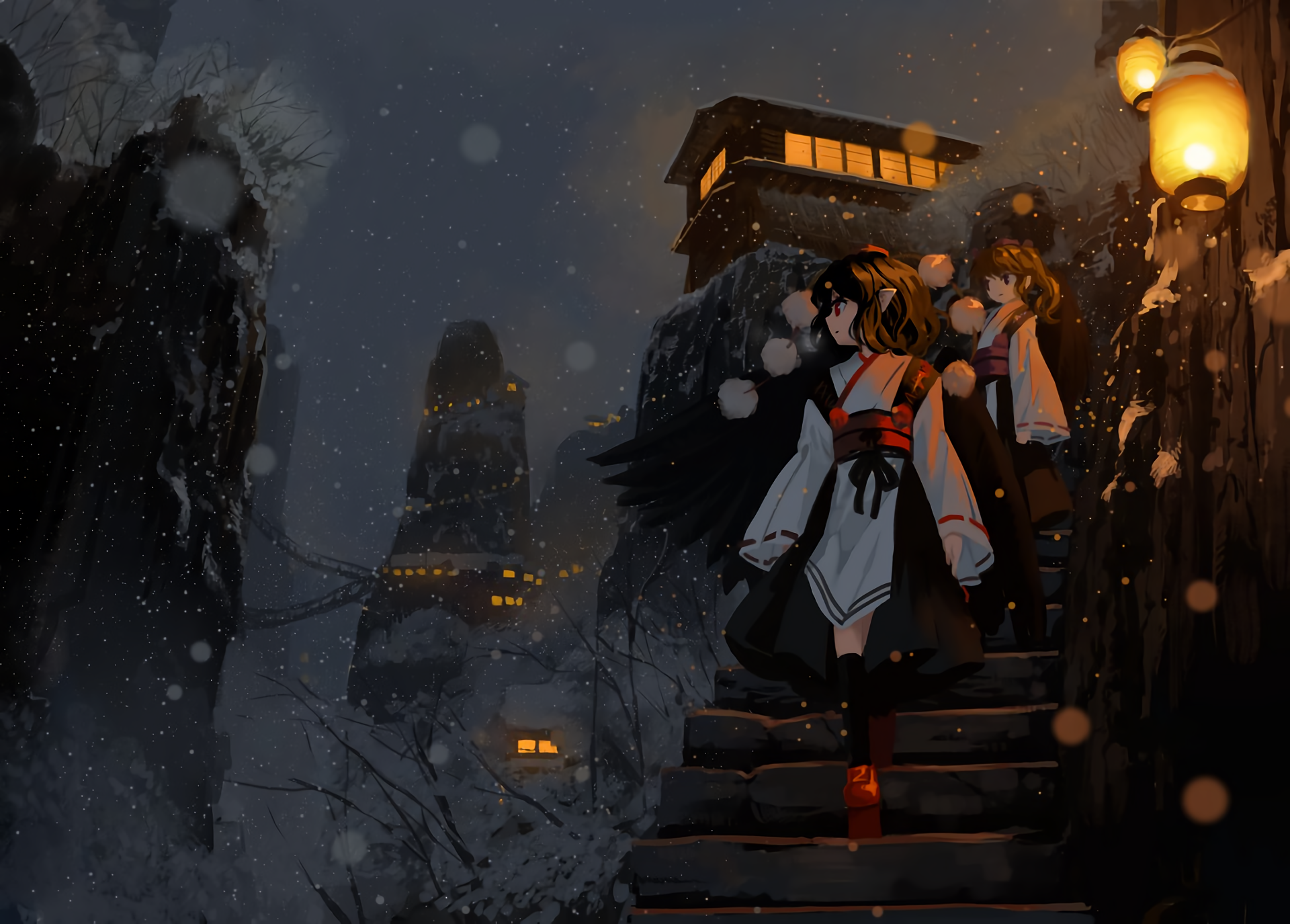 HD PC desktop wallpaper featuring Aya Shameimaru and Hatate Himekaidou from the Touhou anime, set against a snowy night with glowing lanterns and mountainous scenery.