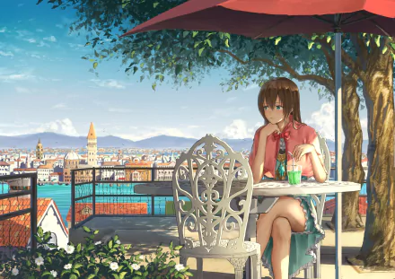HD anime-style original artwork of a girl sitting at a café table under an umbrella, overlooking a scenic cityscape with blue skies, featured as a PC desktop wallpaper.