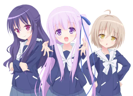 HD PC desktop wallpaper featuring Nozomi Momijidani, Sora Kaneshiro, and Jun Gotou from the anime Angel's 3Piece! in their school uniforms against a white background.