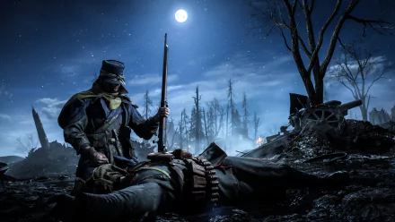 A Battlefield 1 soldier stands over a fallen comrade under a full moon in a warzone at night, captured in an HD PC desktop wallpaper.
