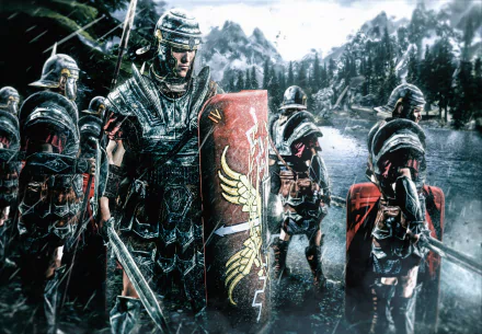 A group of Roman legionaries in detailed armor, wielding swords and shields, stand in the rain, set against a fantasy backdrop. This HD wallpaper captures the essence of a fantasy warrior scene.