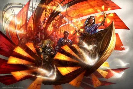 HD PC desktop wallpaper: a fantasy scene of a witch leading people on a luminous magic boat with radiant sails, swirling spells and dramatic light.