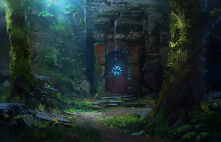 A mystical ruin with an ancient door illuminated by ethereal light, surrounded by lush greenery in a fantasy-themed HD PC desktop wallpaper.