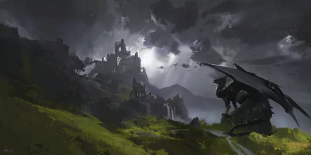 HD fantasy desktop wallpaper depicting a dark winged dragon perched on grass near a waterfall, with a castle silhouetted against a cloudy sky in the background.