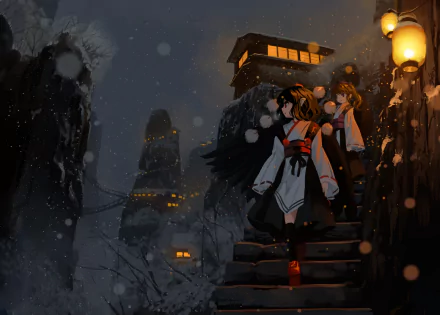 HD PC desktop wallpaper featuring Aya Shameimaru and Hatate Himekaidou from the Touhou anime, set against a snowy night with glowing lanterns and mountainous scenery.