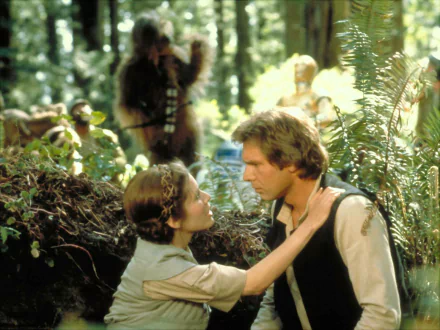 Princess Leia Organa and Han Solo, played by Carrie Fisher and Harrison Ford, share a moment with Chewbacca in this HD wallpaper from Star Wars Episode VI: Return of the Jedi.