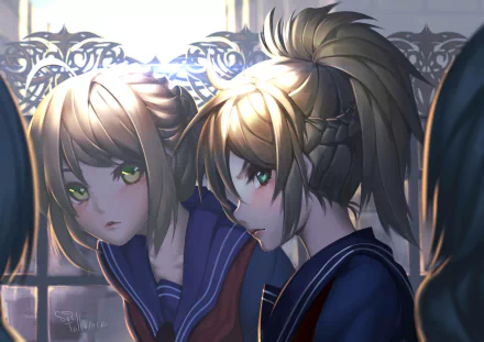 2K anime desktop wallpaper showing Artoria Pendragon (Saber/Red Saber) and Mordred from the Fate series / Fate/Grand Order, close-up, green-eyed school-uniform portraits.
