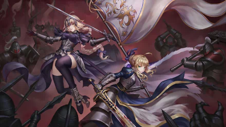 HD desktop wallpaper featuring Jeanne d'Arc Alter and Jeanne d'Arc from Fate/Grand Order, holding weapons and standing heroically amidst a dark, battle-torn background.