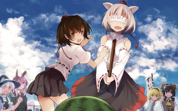 HD anime desktop wallpaper featuring Touhou characters including Fujiwara no Mokou, Cirno, Reisen, Marisa, Sakuya, Remilia, Hong Meiling, Alice, Reimu, Aya, and Momiji under a bright blue sky.