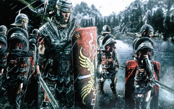 A group of Roman legionaries in detailed armor, wielding swords and shields, stand in the rain, set against a fantasy backdrop. This HD wallpaper captures the essence of a fantasy warrior scene.