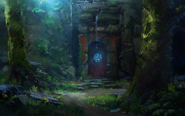 A mystical ruin with an ancient door illuminated by ethereal light, surrounded by lush greenery in a fantasy-themed HD PC desktop wallpaper.