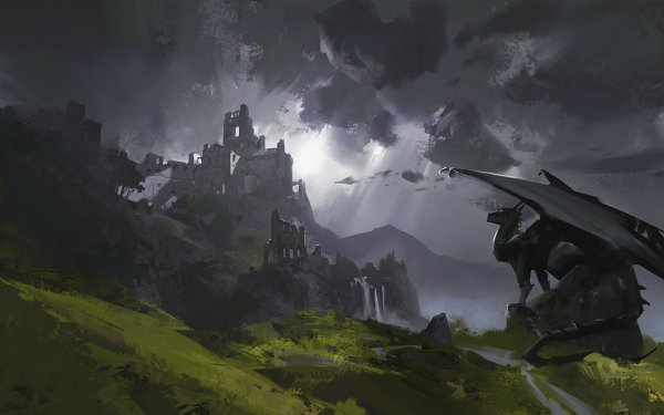 Fantasy Dragon Wings Tail Sky Cloud Castle Grass Waterfall HD Wallpaper | Background Image
