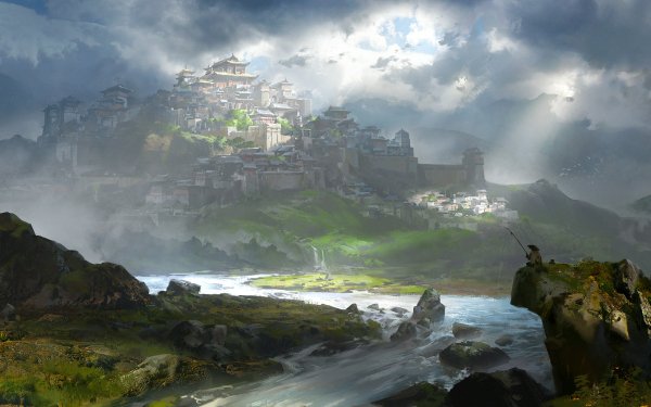 Fantasy City Landscape River Cloud Sky Sunlight HD Wallpaper | Background Image