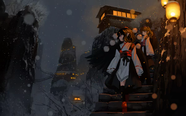 HD PC desktop wallpaper featuring Aya Shameimaru and Hatate Himekaidou from the Touhou anime, set against a snowy night with glowing lanterns and mountainous scenery.