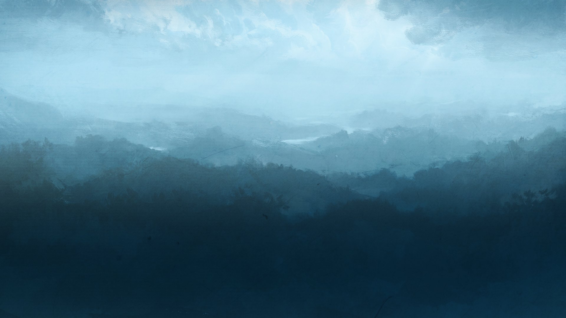 A serene HD desktop wallpaper featuring an original anime-inspired landscape with misty mountain ranges under a cloudy sky.
