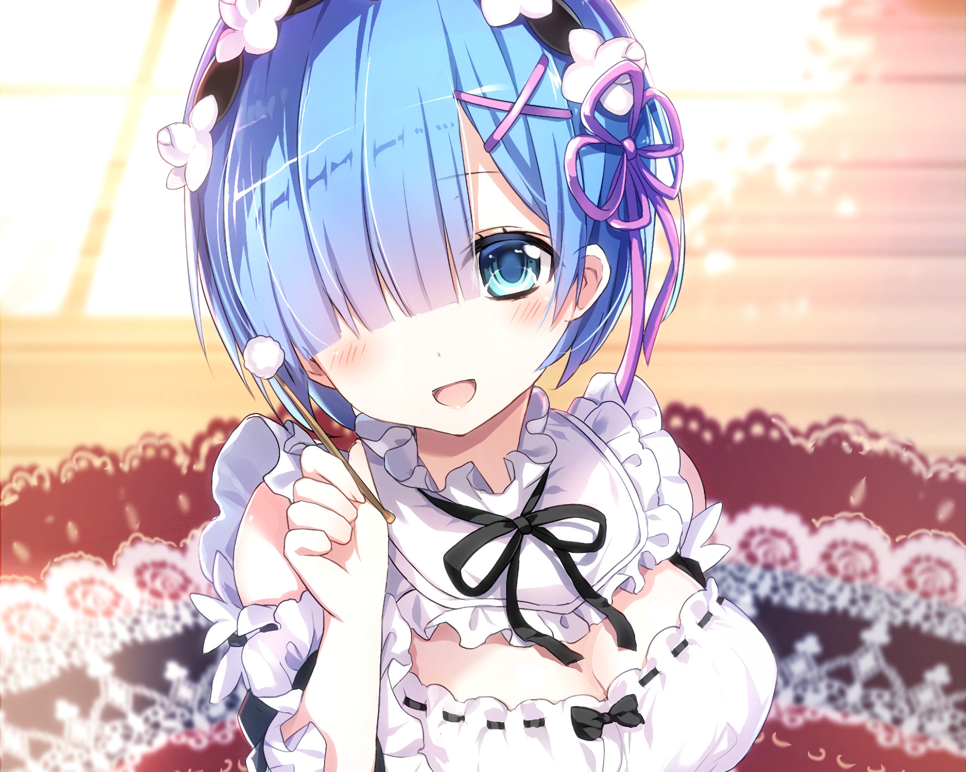 HD PC desktop wallpaper featuring Rem from the anime Re:Zero - Starting Life in Another World, showcasing her with blue hair and a maid outfit in vibrant colors.