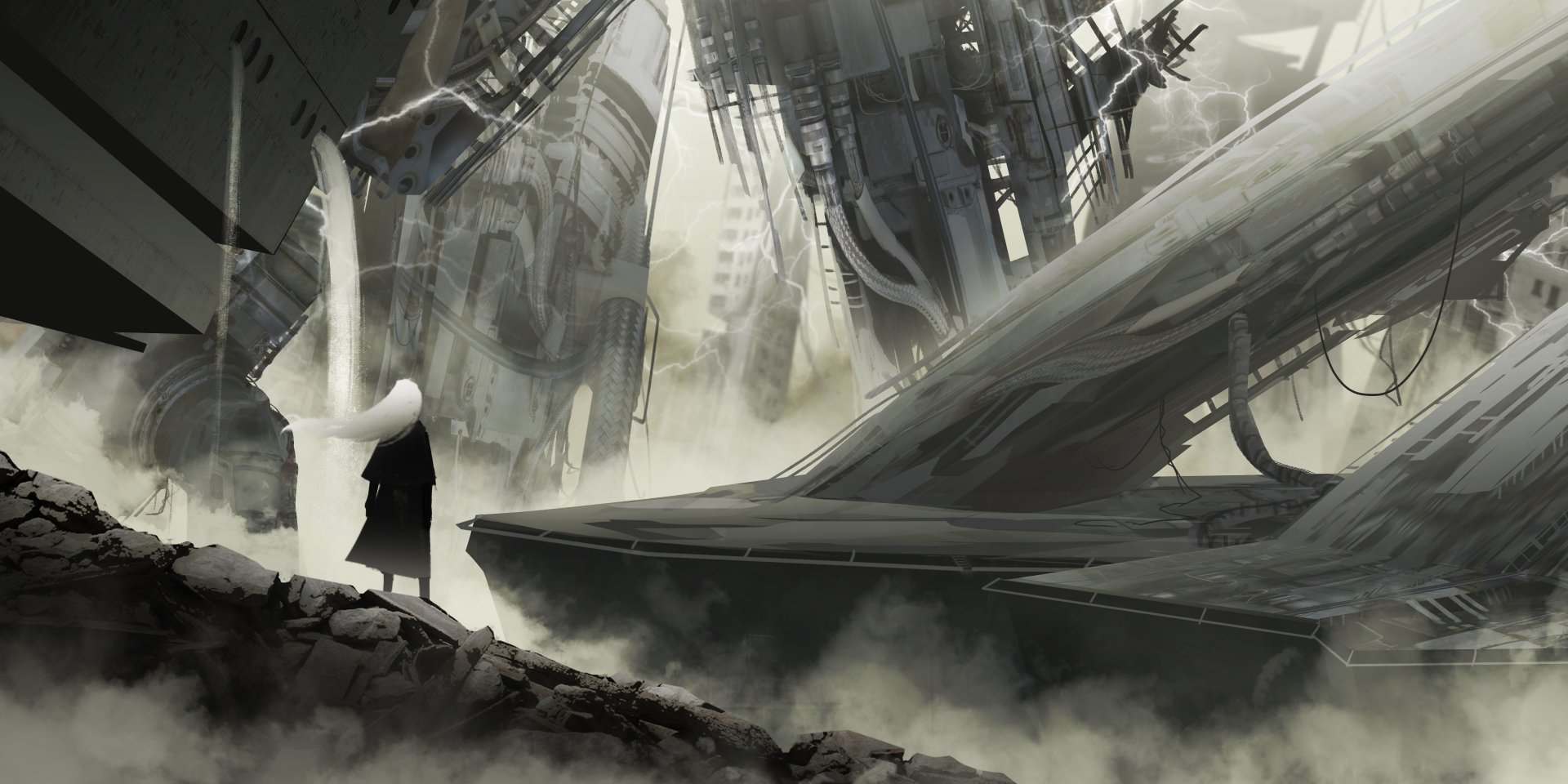 Anime original 2K Quad HD PC desktop wallpaper/background: white-haired figure surveys towering ruined buildings in a foggy, desolate futuristic landscape.