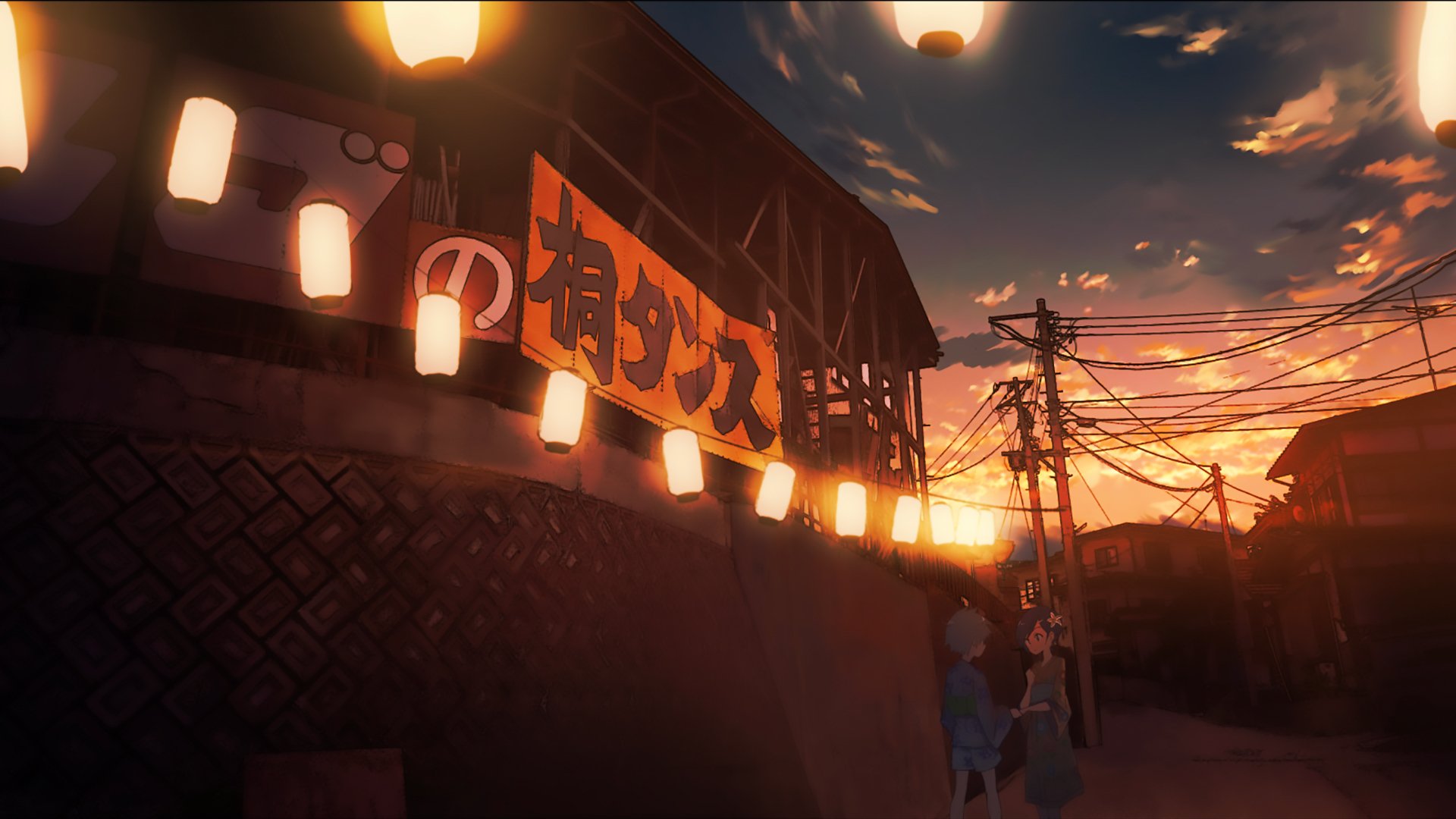 Original Sky Anime HD desktop wallpaper: sunset clouds over a lantern-lit Japanese street, a Japanese wall sign and two figures communicating in sign language.