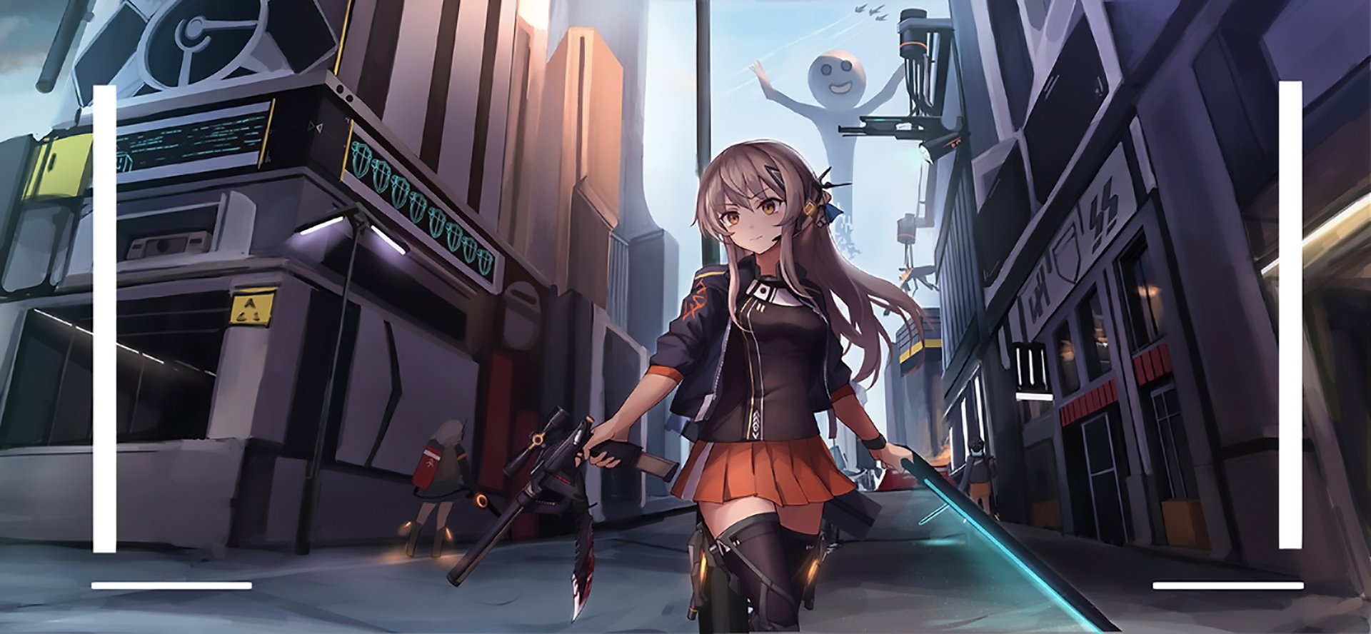 Anime-style blonde character in thigh highs and jacket, wielding a sword and gun, stands confidently in a futuristic city at dusk. HD desktop wallpaper background.
