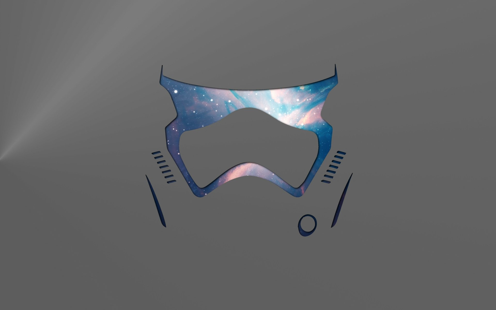 Minimalist 4K Ultra HD Star Wars desktop wallpaper featuring a stylized stormtrooper helmet with a galaxy-inspired design on a gray background.