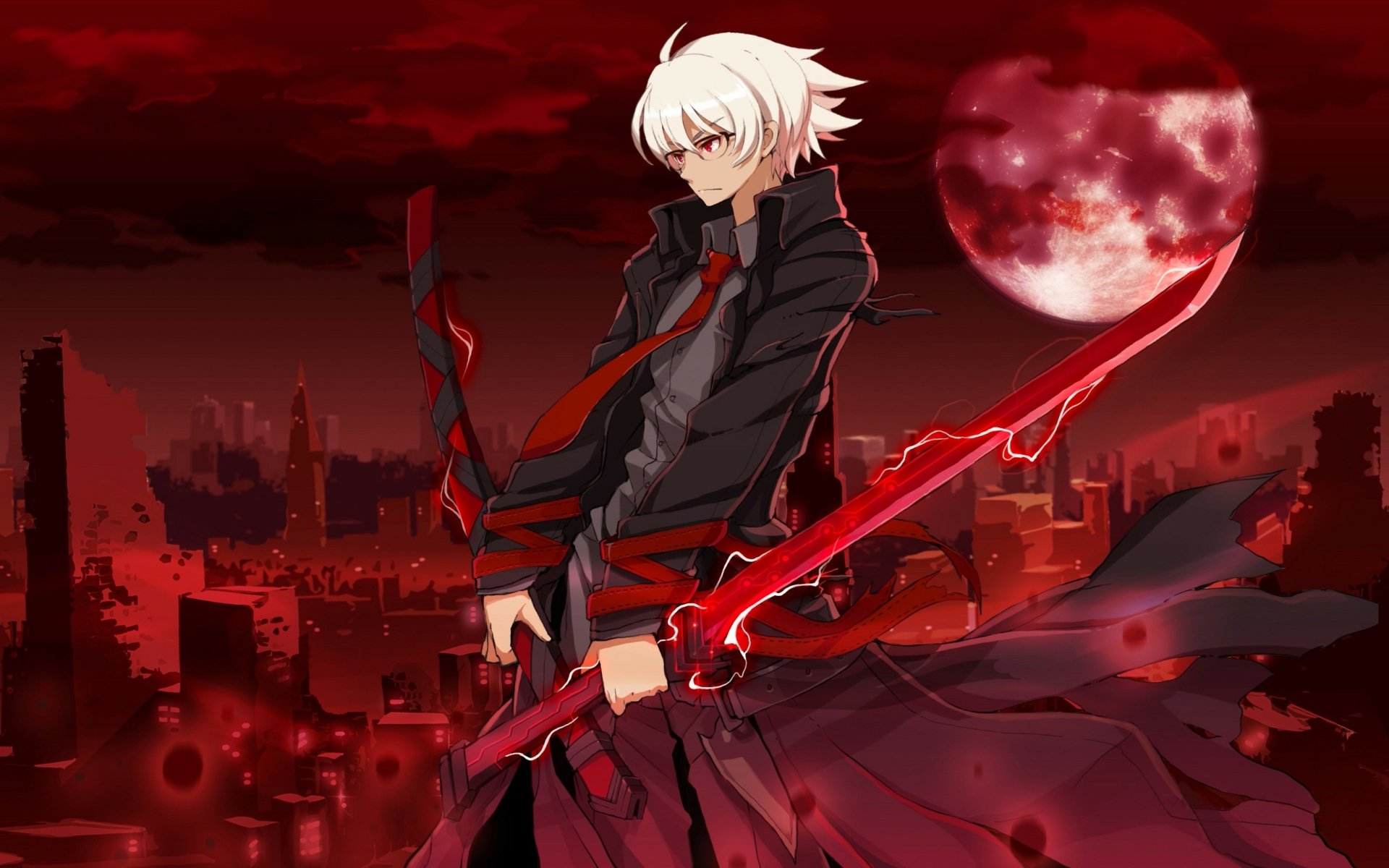 SoulWorker video game 2K Quad HD PC desktop wallpaper and background: white-haired character with a red glowing sword standing over a crimson cityscape beneath a blood-red moon.