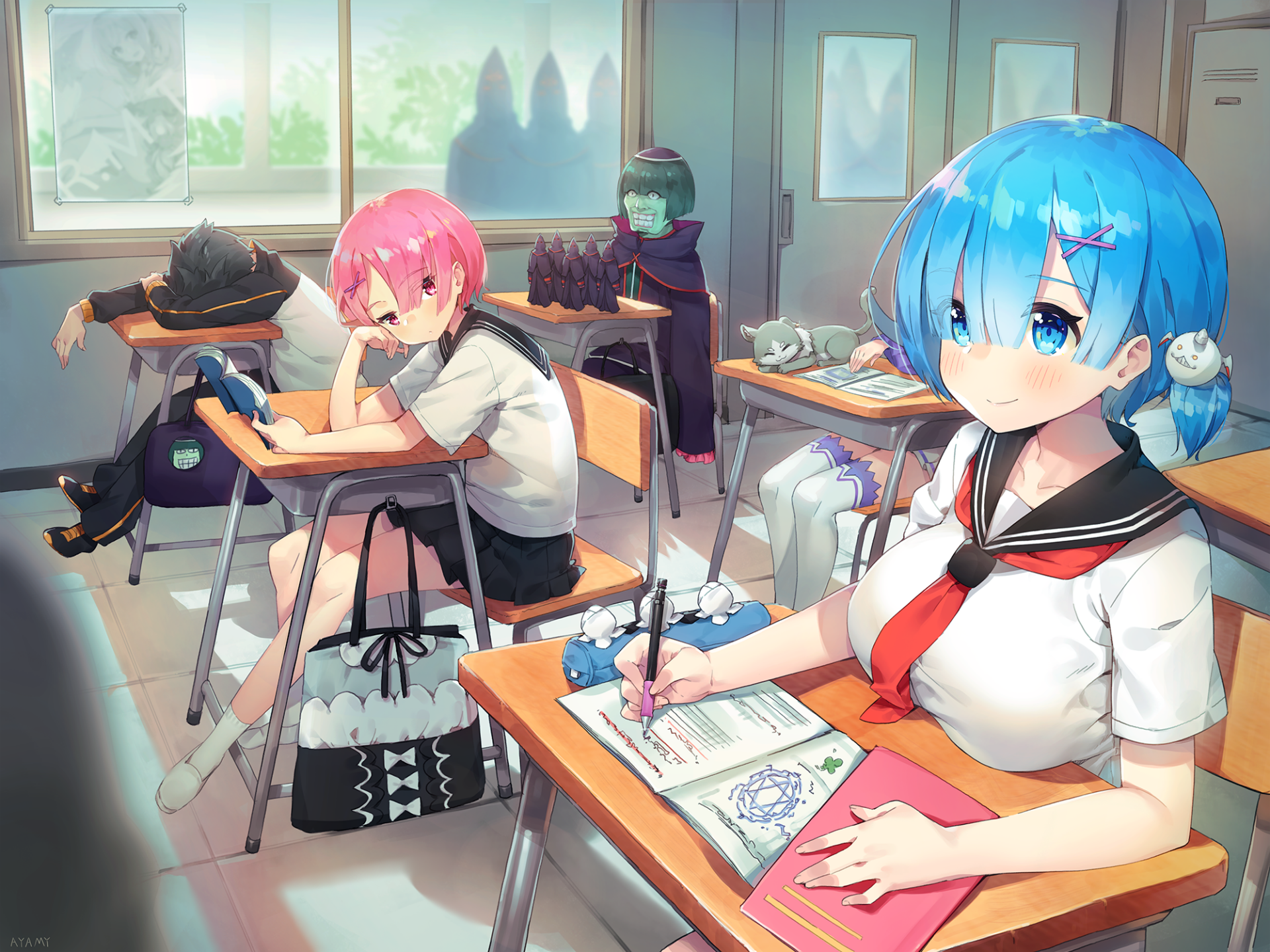 HD desktop wallpaper featuring anime characters Petelgeuse Romanée-Conti, Subaru Natsuki, Ram, Rem, Pack, and Emilia from Re:Zero - Starting Life in Another World in a classroom setting.
