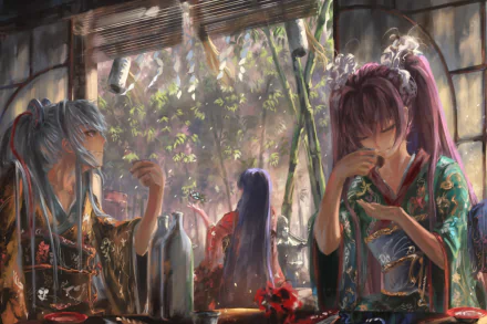 HD PC desktop wallpaper featuring detailed anime characters from Re:Creators, set in a softly lit, serene room with traditional attire and intricate floral patterns.
