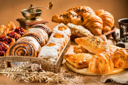 HD desktop wallpaper featuring an assortment of viennoiserie including croissants and pastries, styled as a delicious breakfast spread.