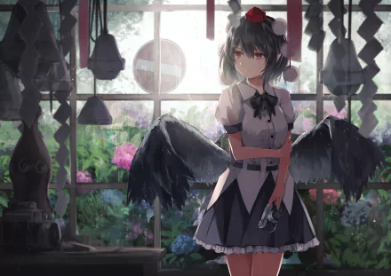 HD PC desktop wallpaper featuring Aya Shameimaru from the Touhou anime series, standing by a window with soft natural light illuminating her detailed outfit and dark wings.